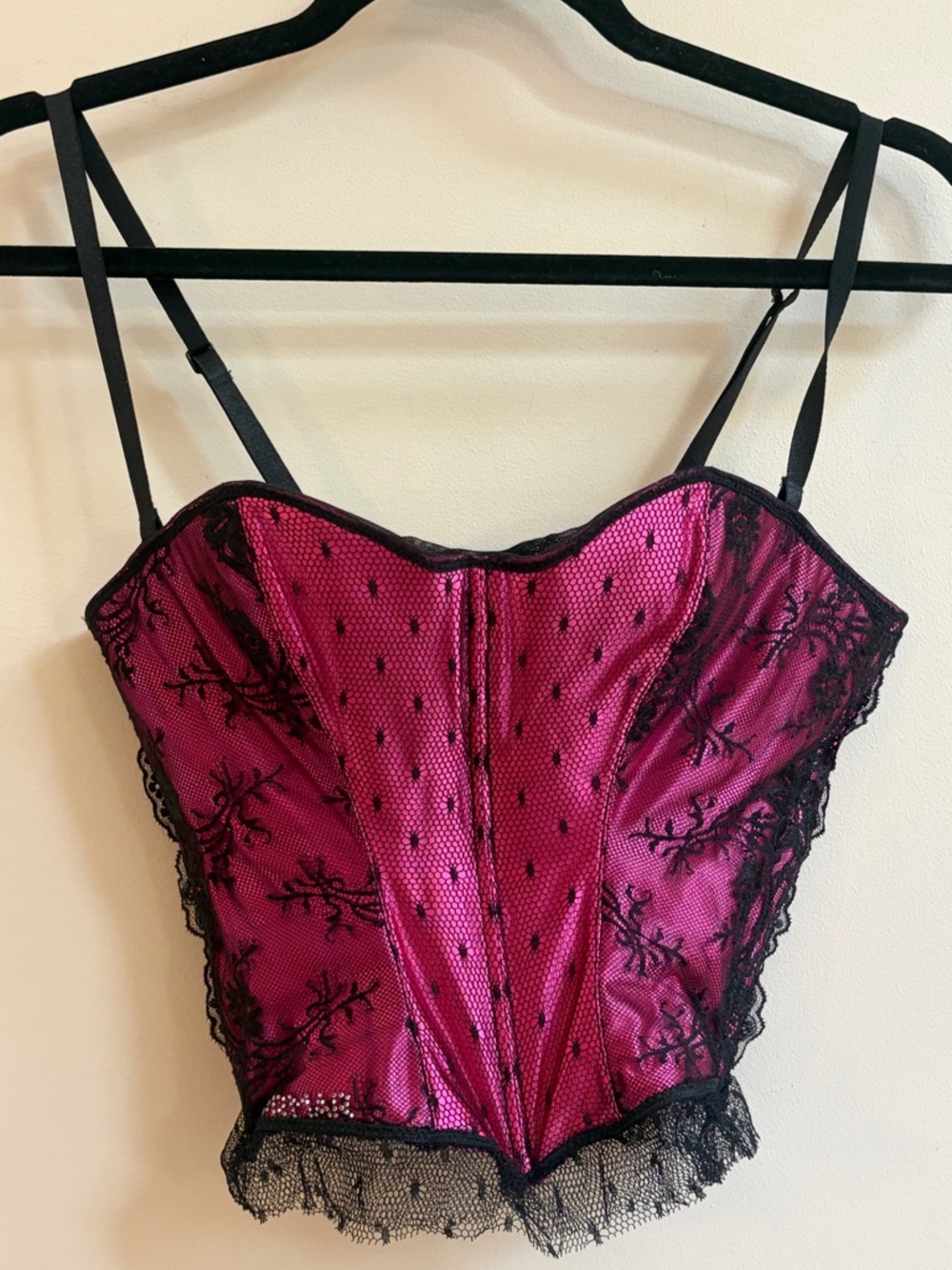 Lomar Y2K Black & Pink Lace Corset Crop Top Lace Up Back Goth Alt Tank Top